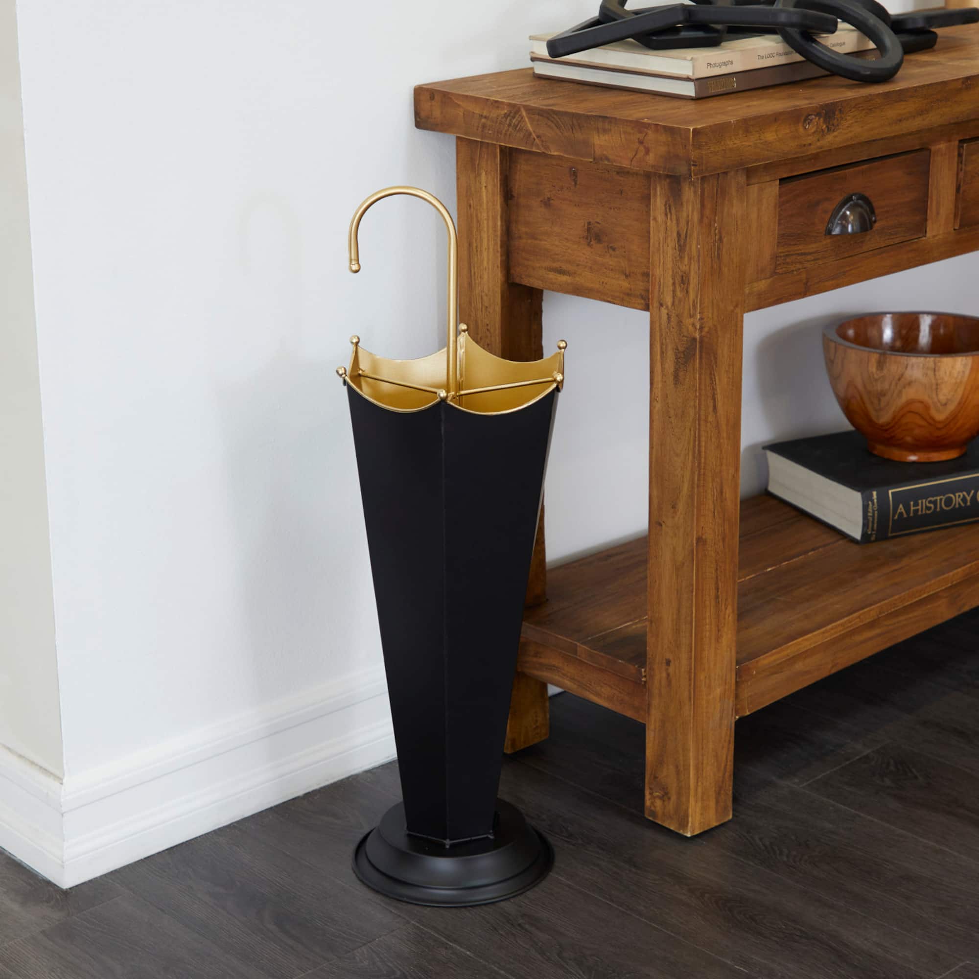 Black Metal Abstract Umbrella Stand with Gold Handle 10" x 9" x 27"